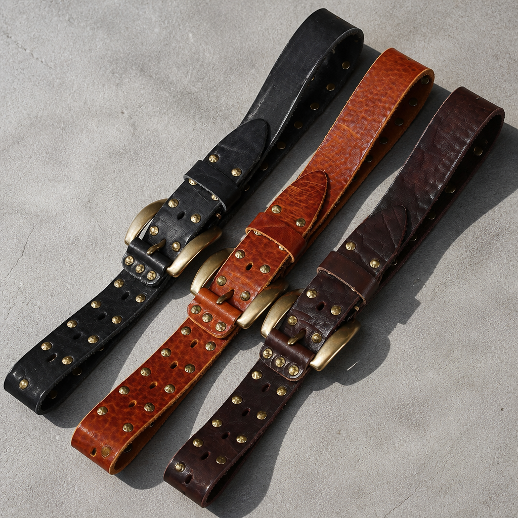 Les trois teintes de la ceinture cloutée homme : noir, camel et marron