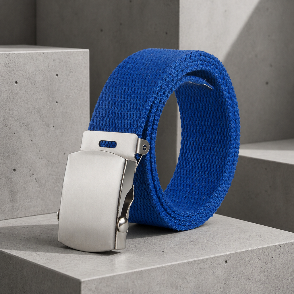 Ceinture coulissante homme bleue en toile épaisse, boucle plaque argentée