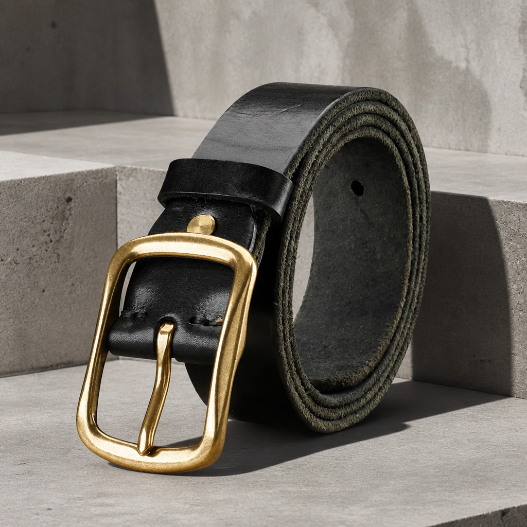 Ceinture cuir épais homme noire, boucle rectangulaire en laiton