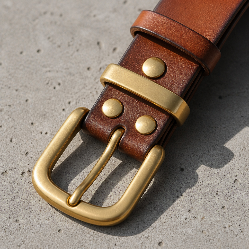 Macro de la boucle en cuivre brossé, du passant métal et des rivets de tête