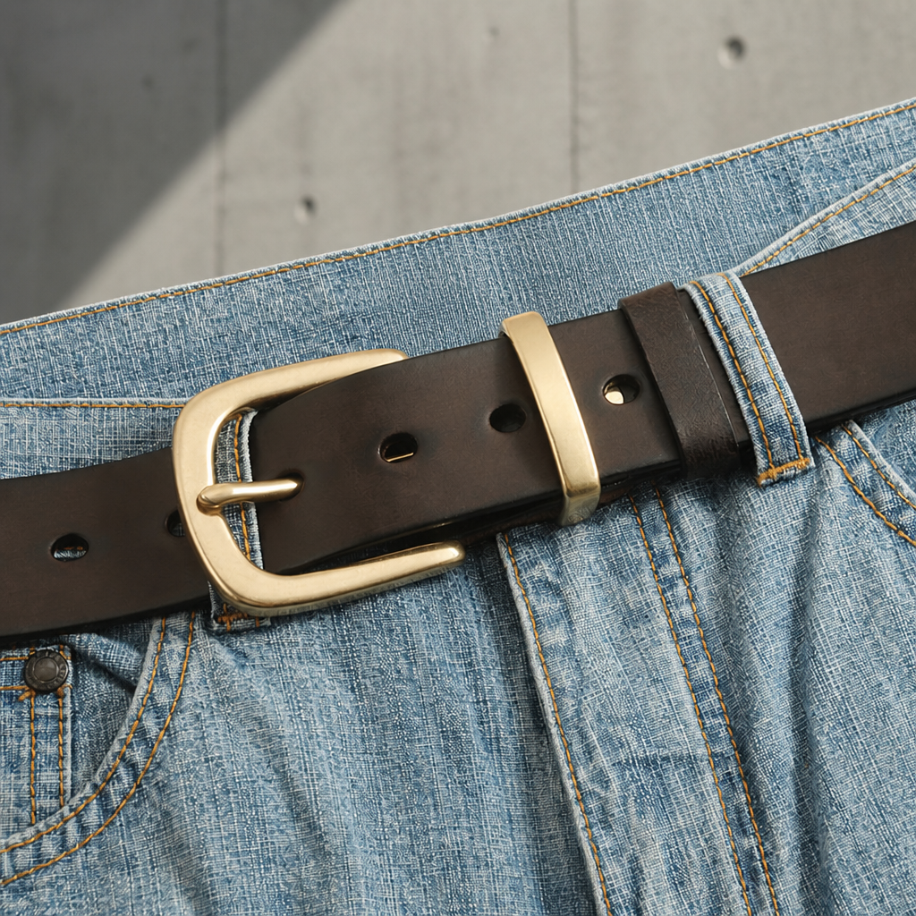 Ceinture marron café bouclée sur un jean, passant métal visible