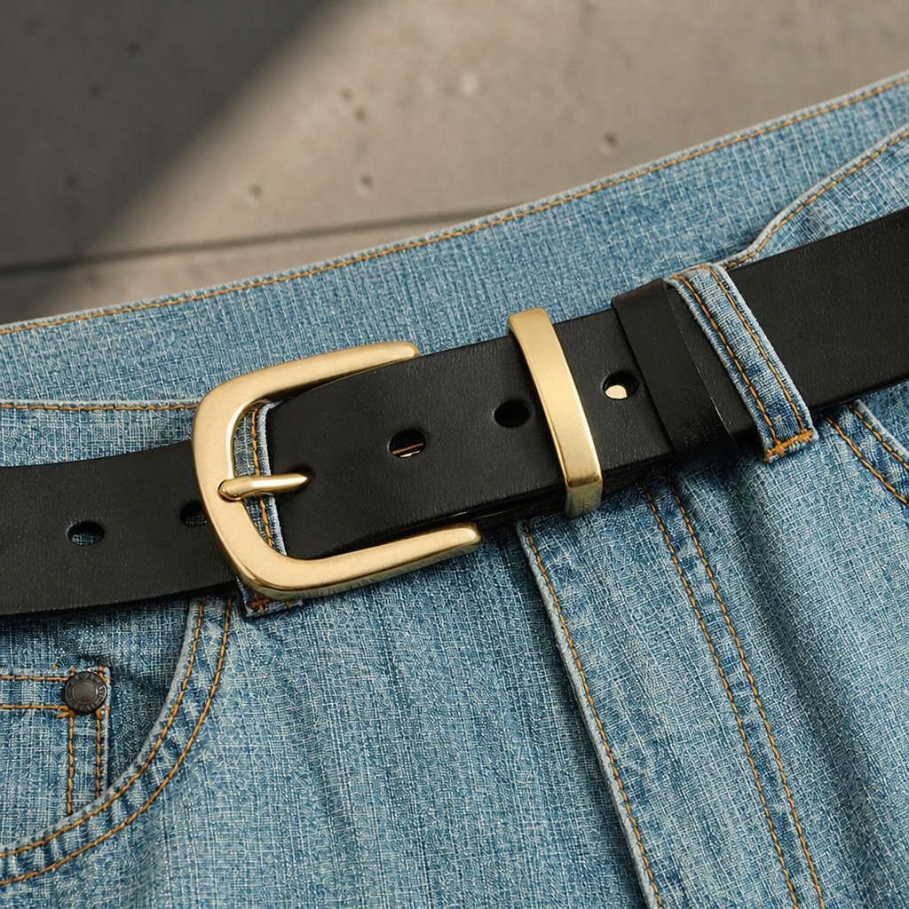 Ceinture noire bouclée sur un jean, boucle en cuivre au centre
