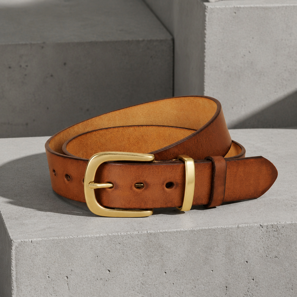 Ceinture cuir homme camel en vachette épaisse, ardillon en cuivre