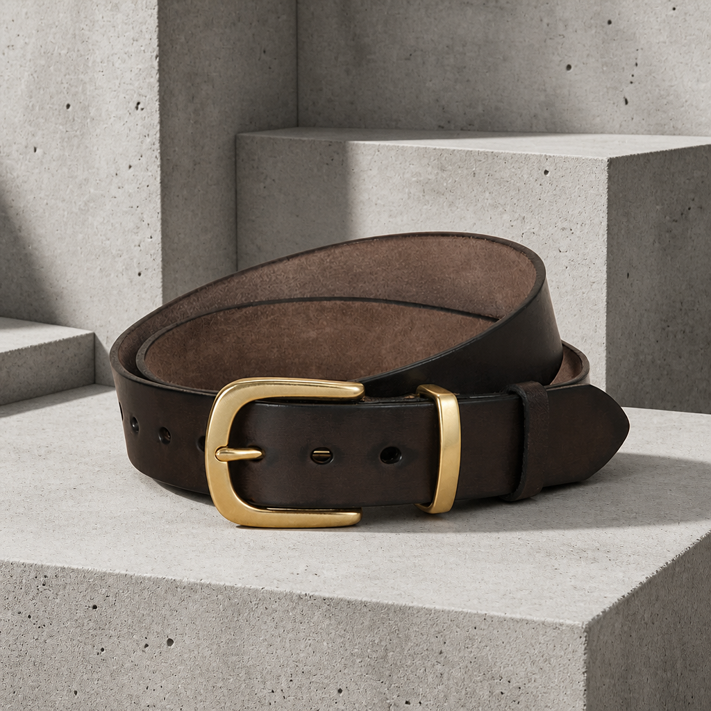 Ceinture cuir homme marron café, boucle et passant en cuivre doré brossé