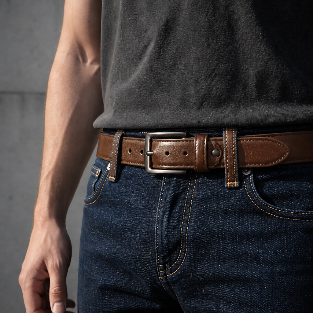 Ceinture cuir homme marron bouclée sur un jean brut, tee-shirt anthracite
