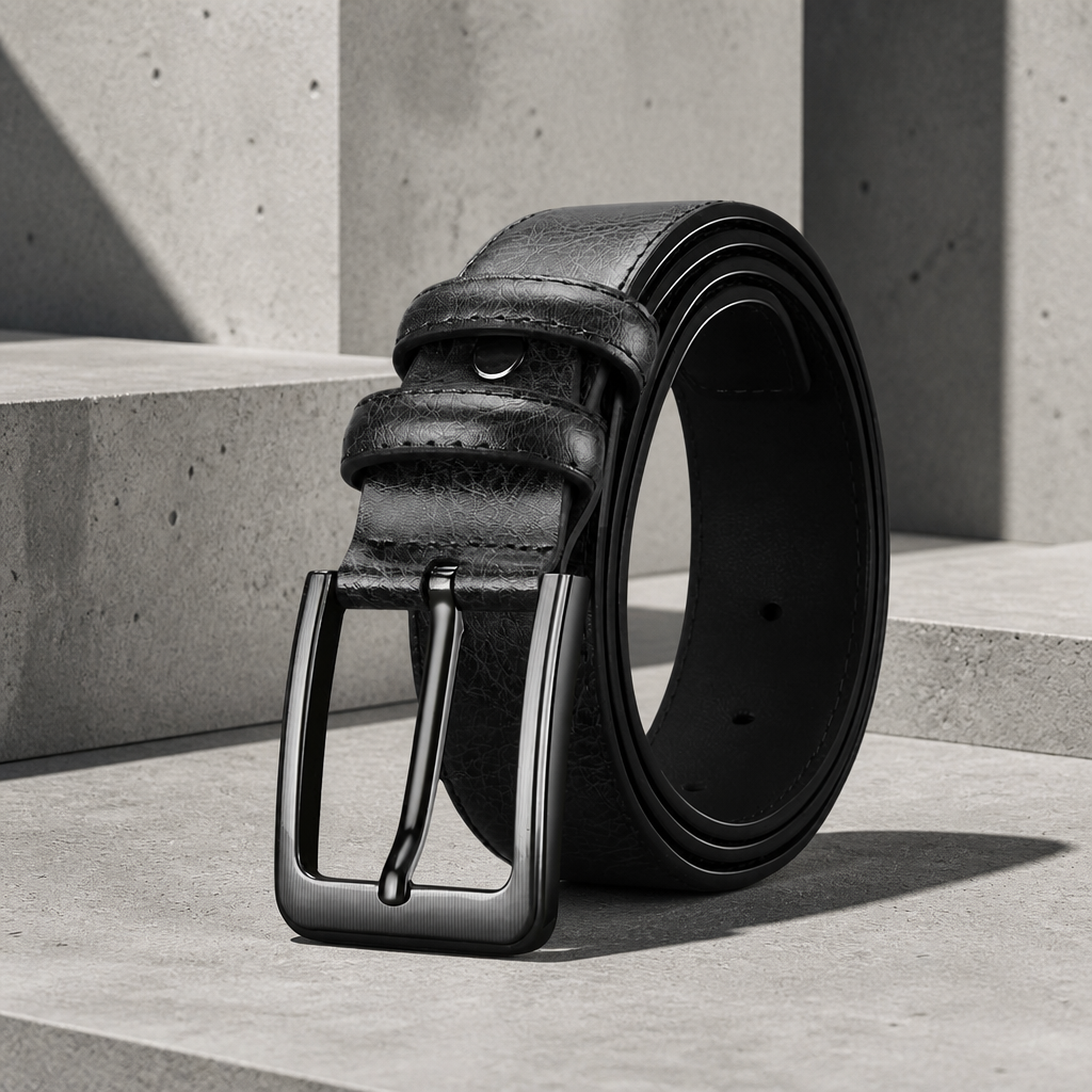 Ceinture cuir homme pour jean noire, boucle anthracite mate, posée sur un bloc de béton