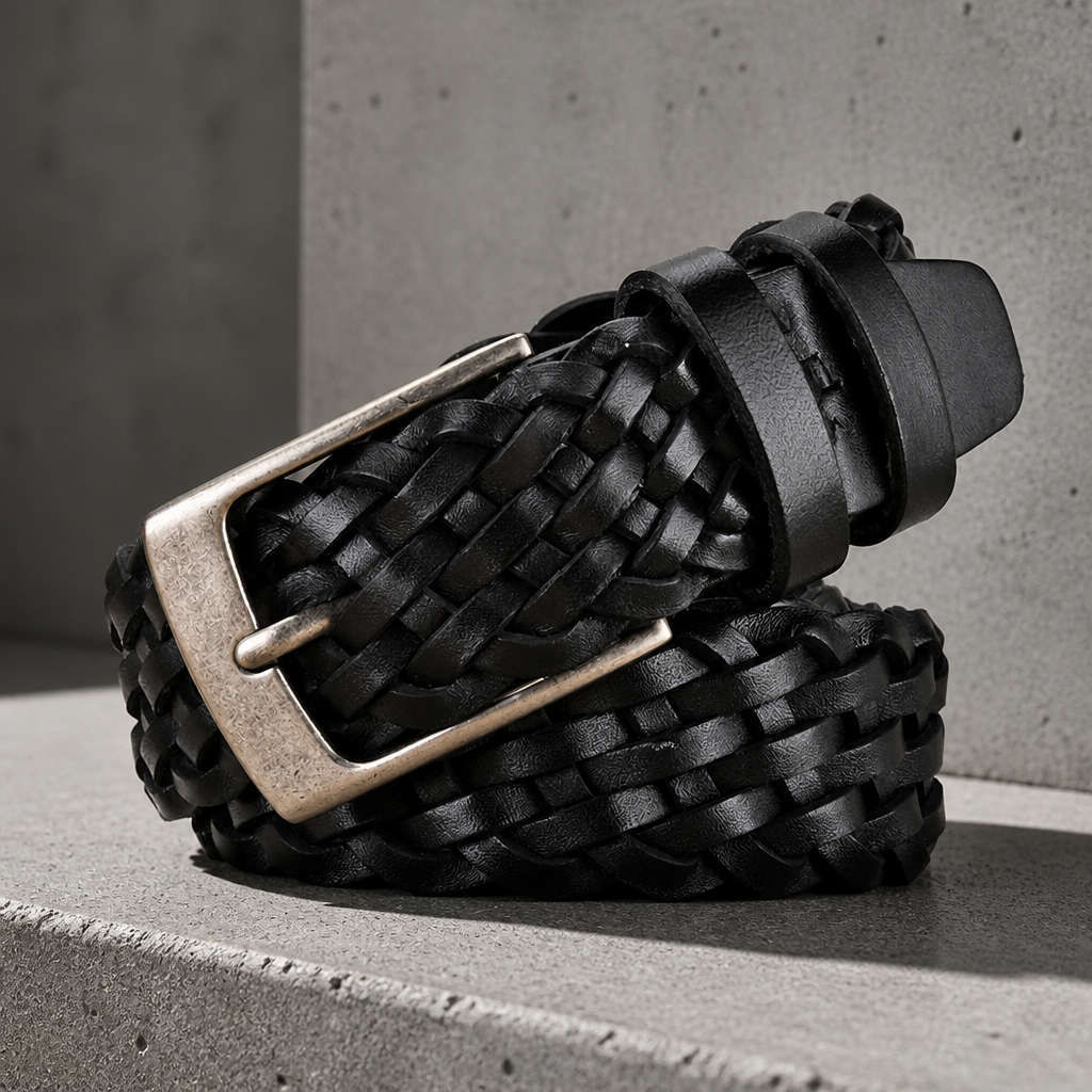 Boucle à ardillon vieil argent d'une ceinture cuir tressée homme, vue rapprochée