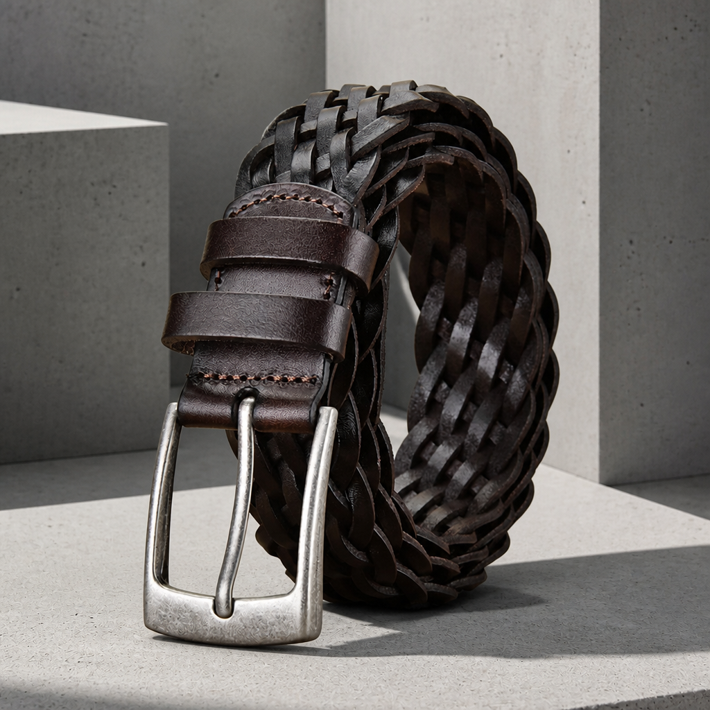 Ceinture cuir tressée homme en vachette marron foncé, boucle vieil argent, sur un bloc de béton