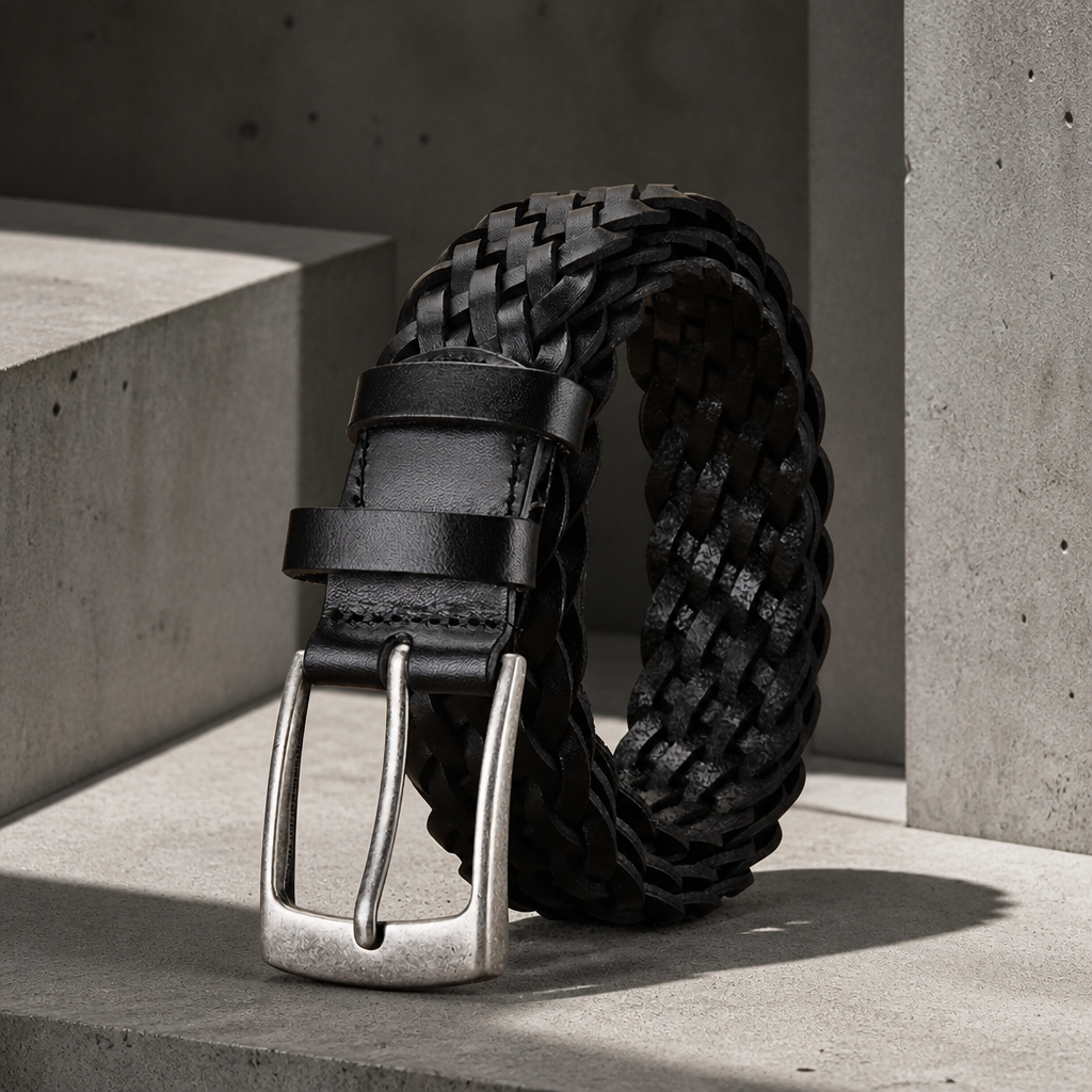 Ceinture cuir tressée homme en vachette noire, boucle vieil argent, posée sur un bloc de béton