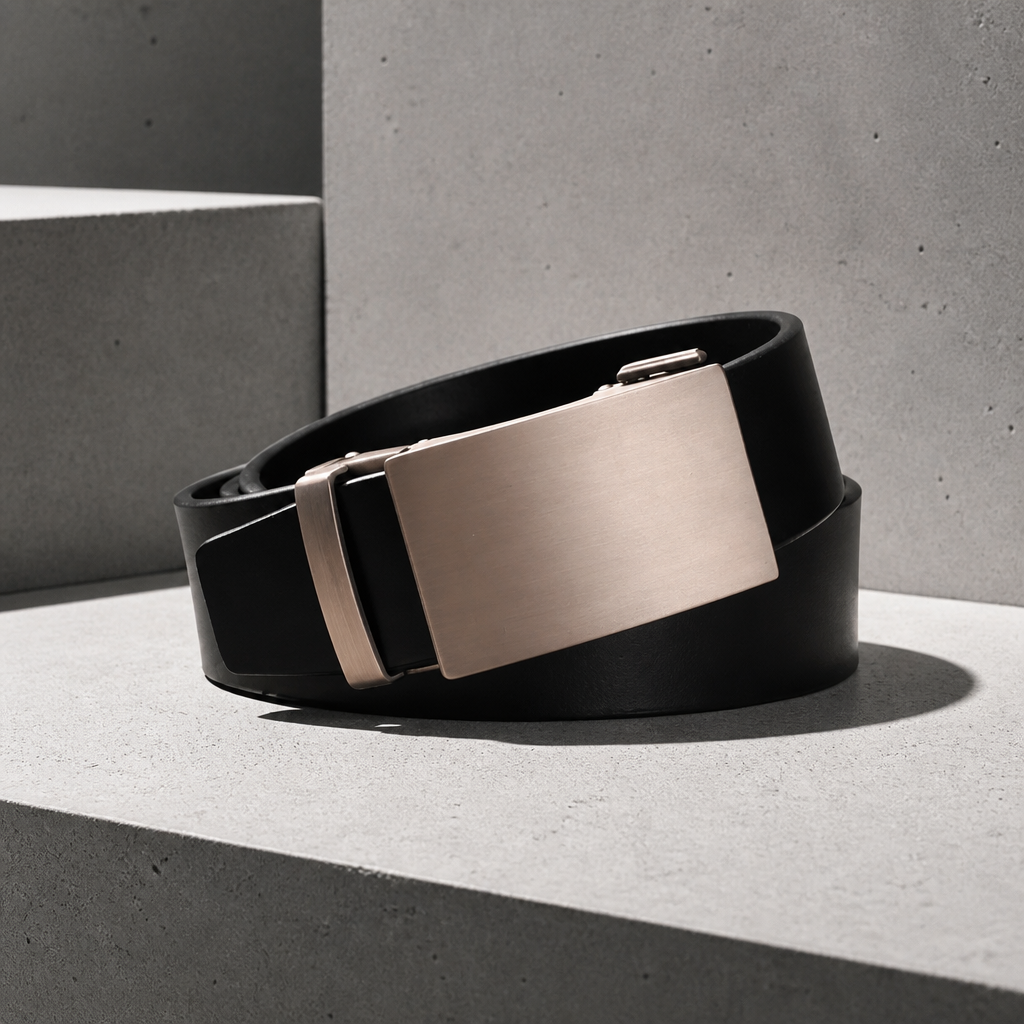 Ceinture homme en cuir de vache noir à boucle automatique en métal brossé, posée sur un bloc de béton