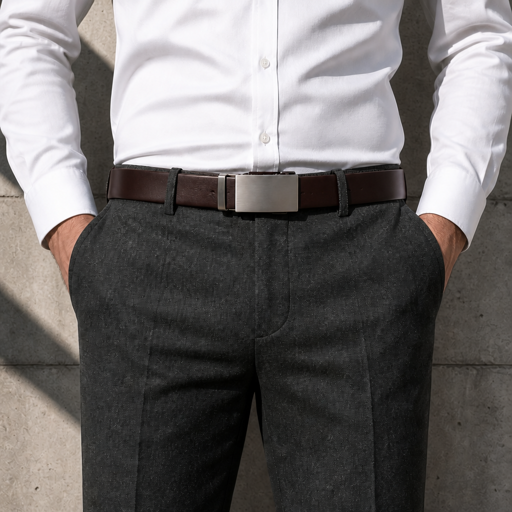 Ceinture en cuir café à boucle automatique portée à la taille avec une chemise blanche et un pantalon gris anthracite