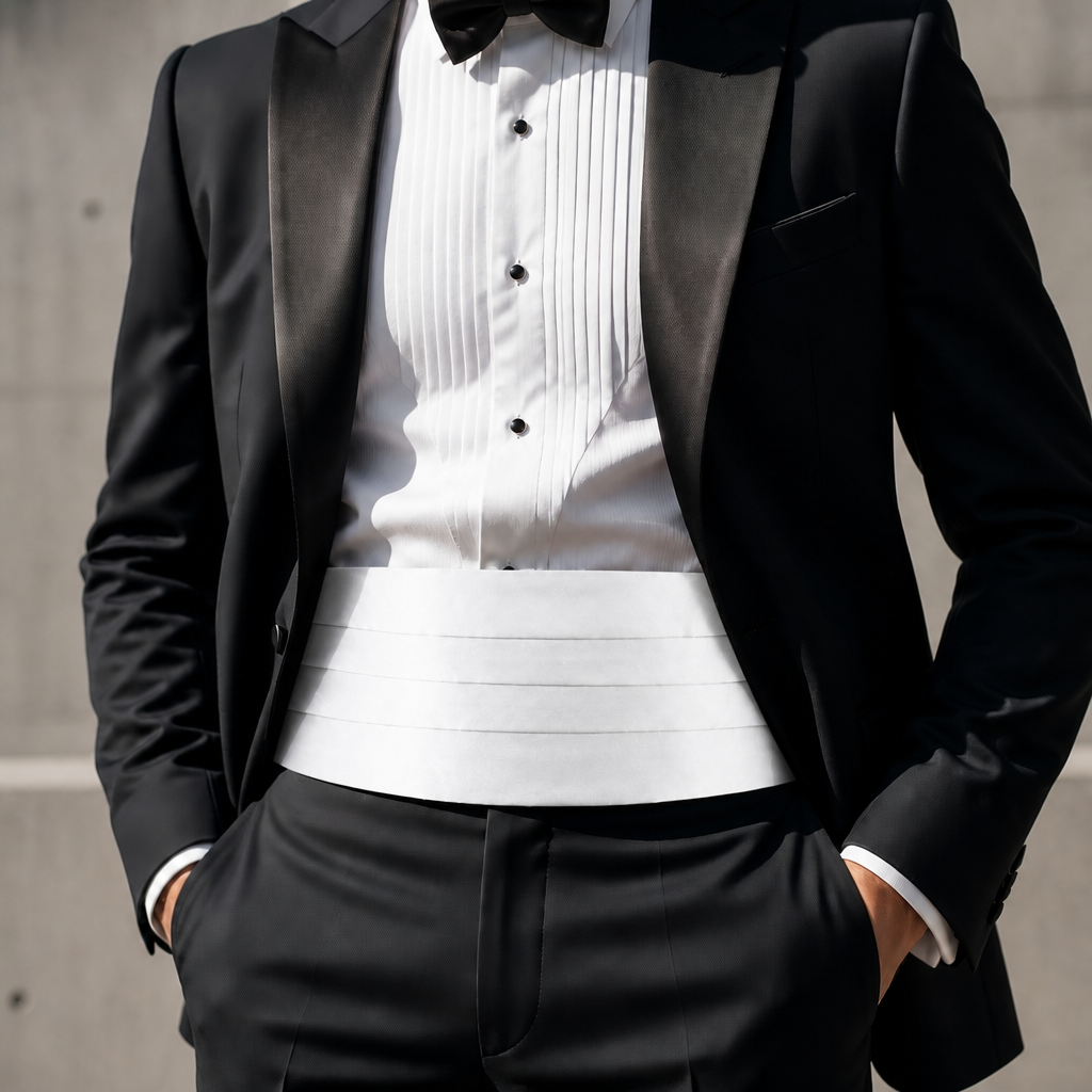 Ceinture de smoking homme blanche portée avec un smoking noir et un nœud papillon