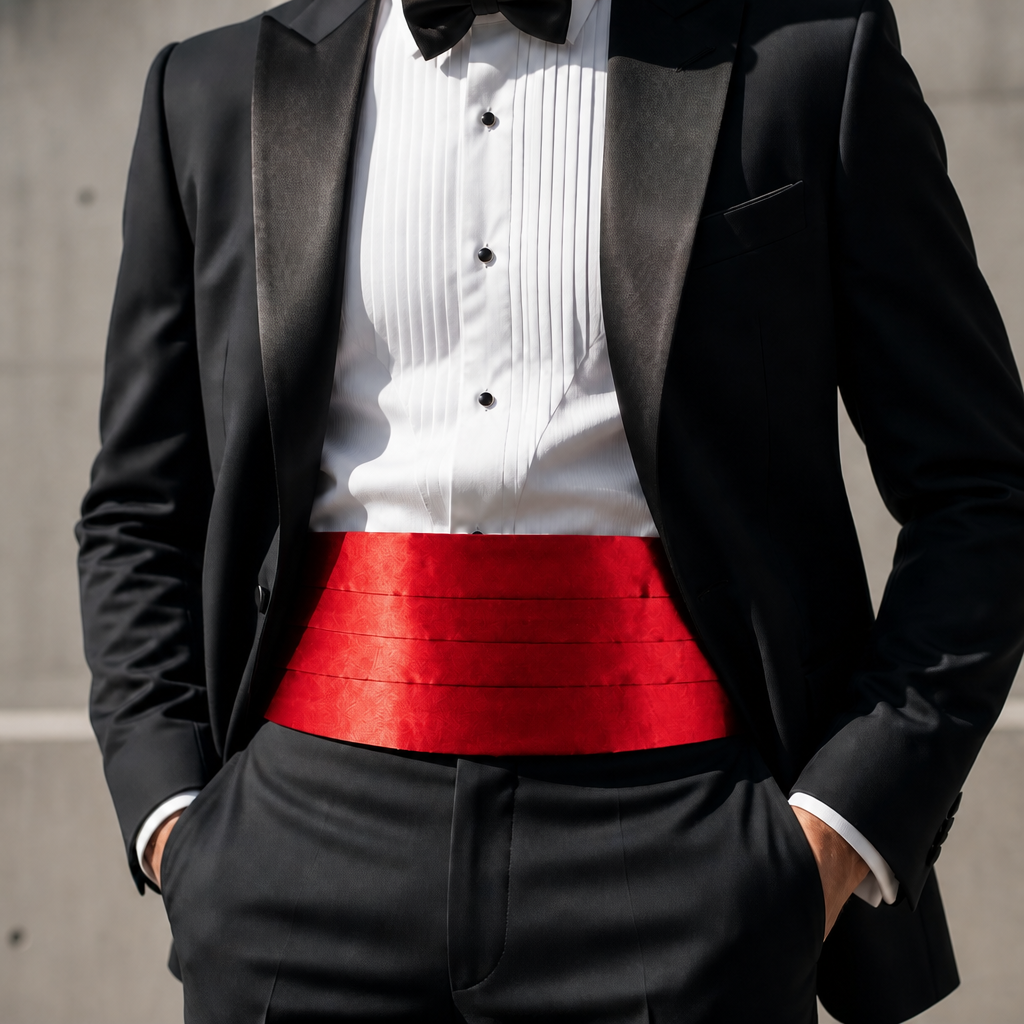 Ceinture de smoking homme rouge portée sous une veste de smoking ouverte