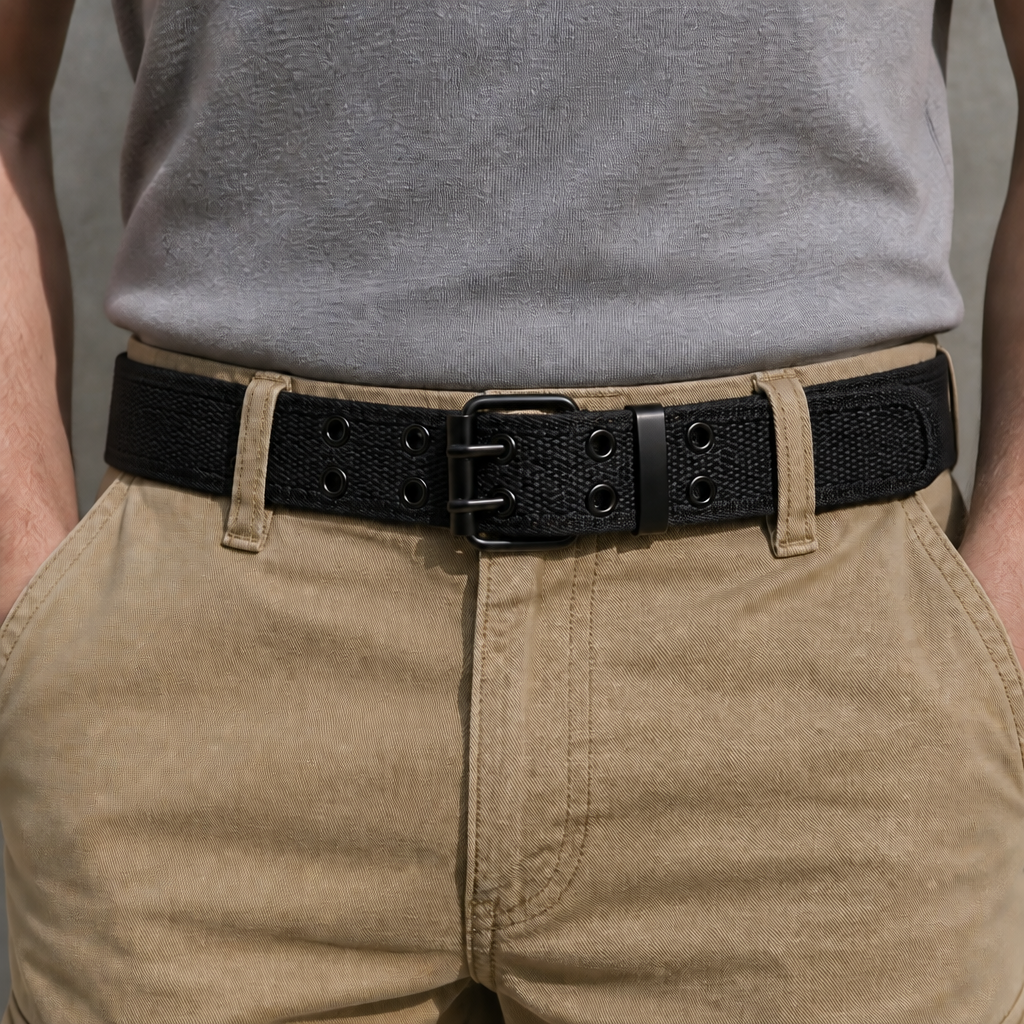 Ceinture de travail homme noire portée sur un pantalon de travail beige