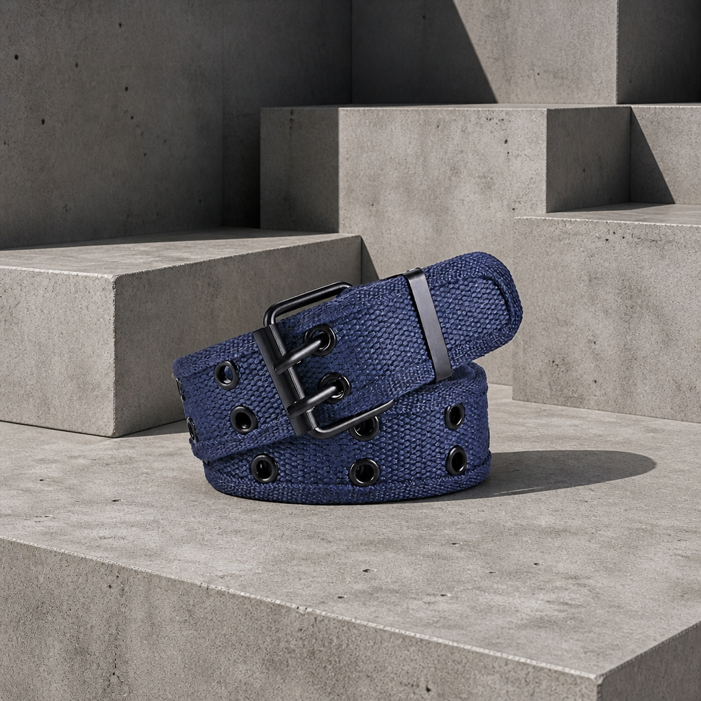 Ceinture de travail homme en toile bleue, boucle noire à double ardillon