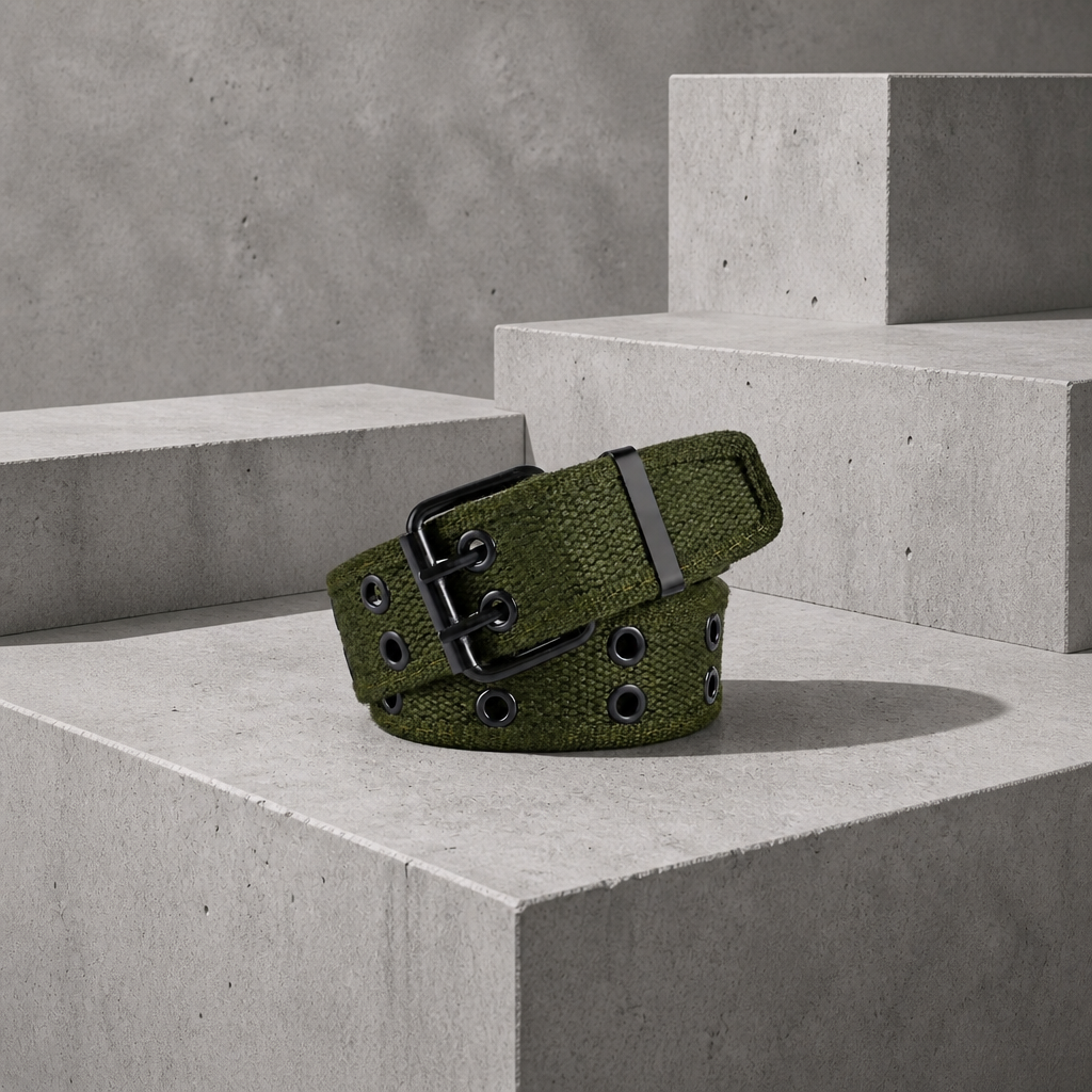 Ceinture de travail homme en toile vert armée, boucle noire à double ardillon