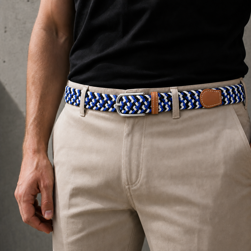 Ceinture décontractée homme bleu roi, blanc et noir portée à la taille sur un chino clair