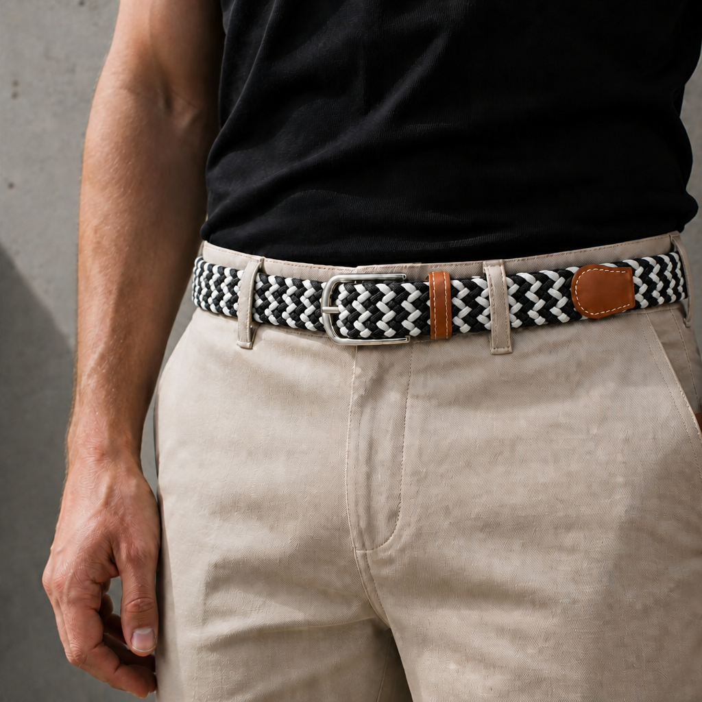 Ceinture décontractée homme noir et blanc portée à la taille sur un chino clair