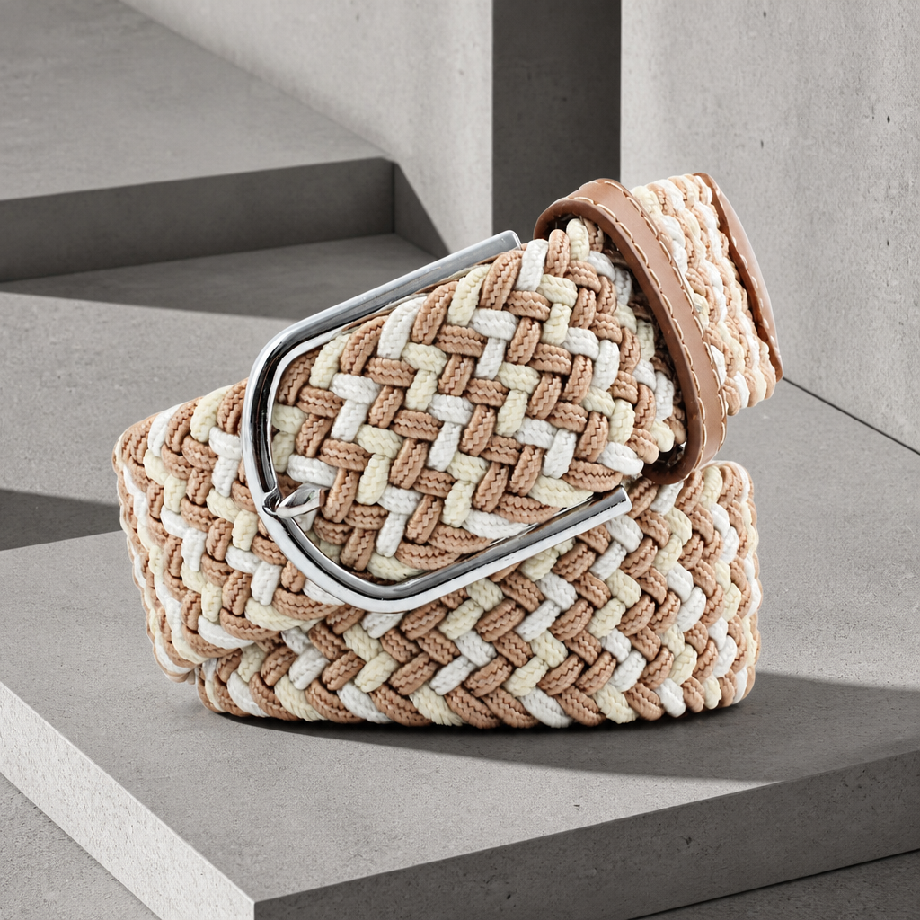 Ceinture décontractée homme beige, toile tressée élastique et boucle à ardillon argentée