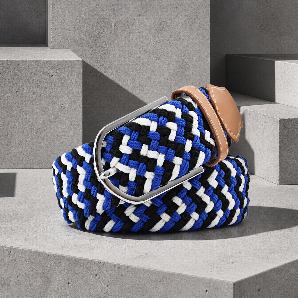 Ceinture décontractée homme bleu, blanc et noir, tressage élastique à chevrons