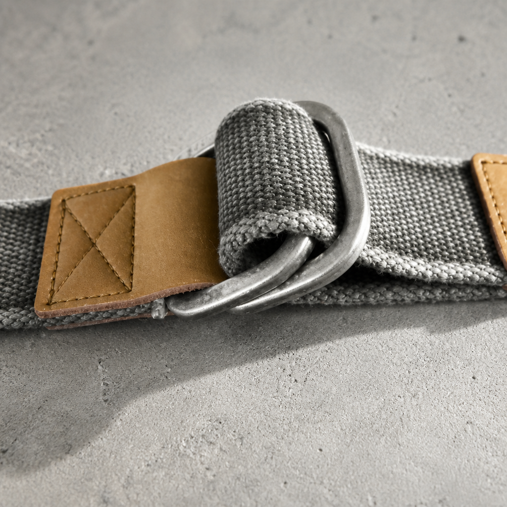 Macro de la toile tissée passée dans les deux anneaux d'une ceinture homme