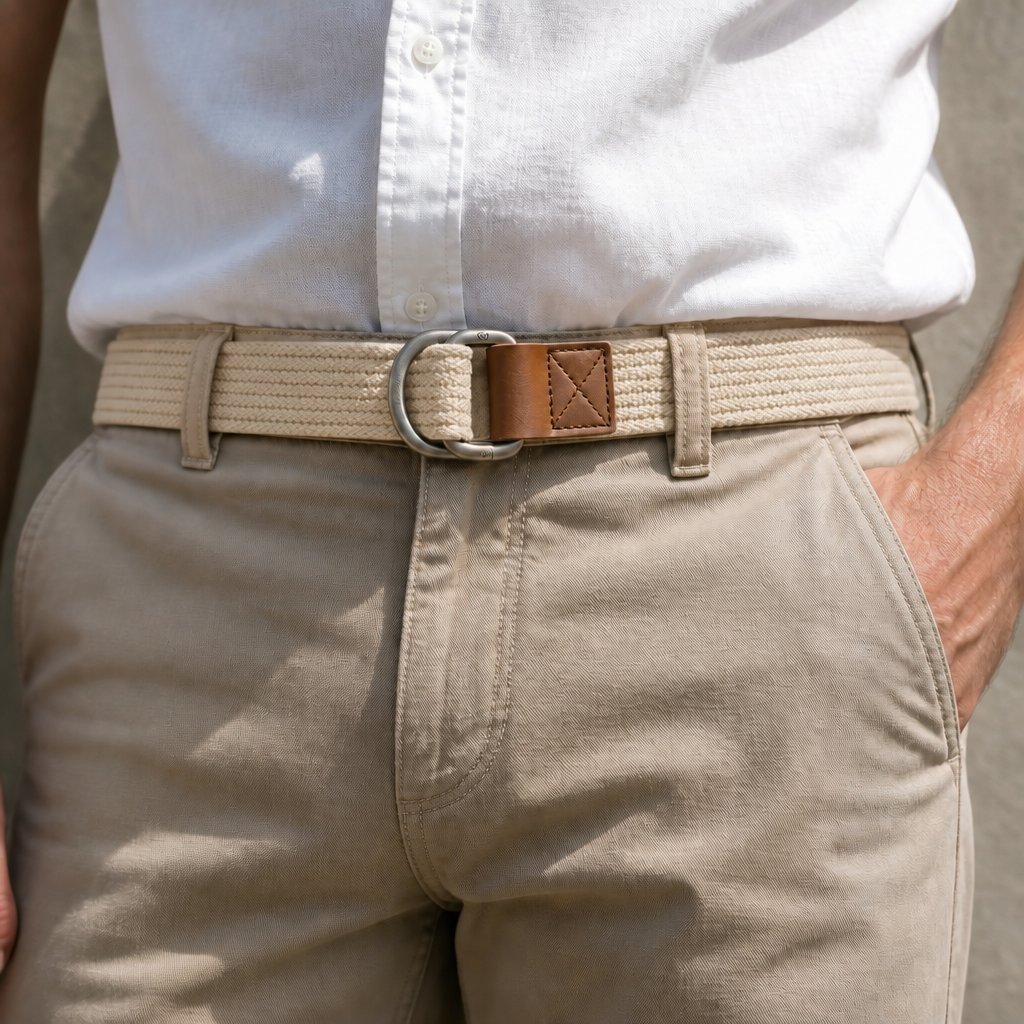 Ceinture en toile homme beige portée sur un chino clair, chemise blanche