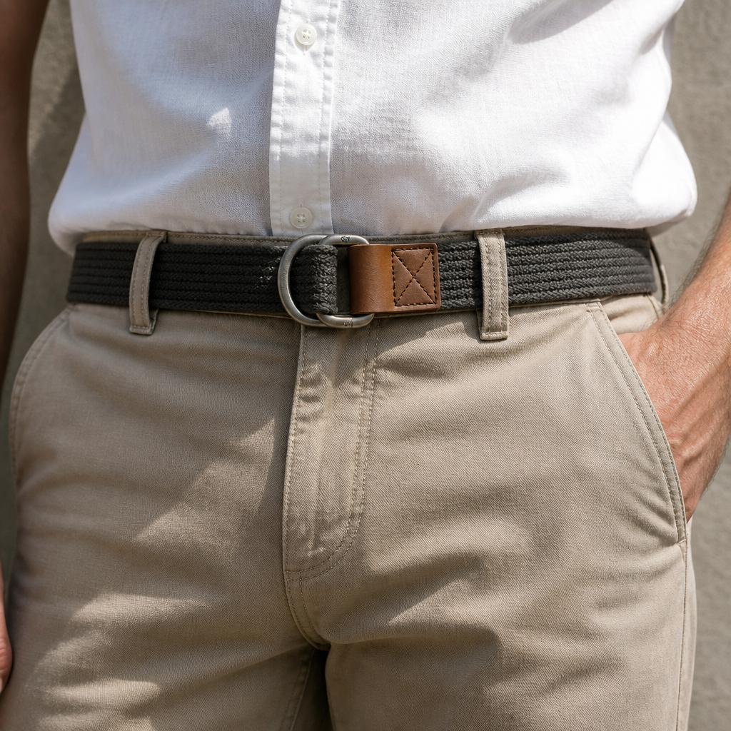 Ceinture en toile homme grise portée sur un chino clair, chemise blanche