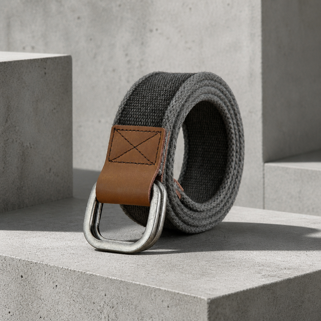 Ceinture en toile homme grise à double anneau, posée sur un bloc de béton