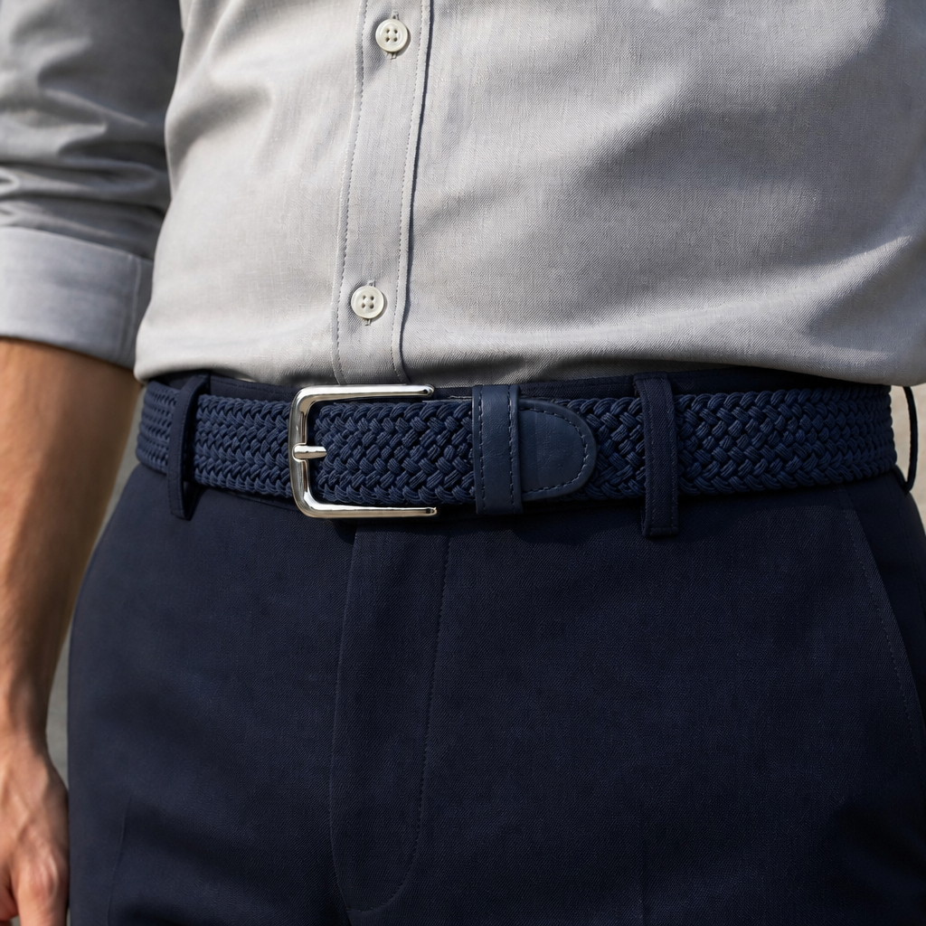 Ceinture extensible homme tressée bleu marine portée sur un pantalon marine