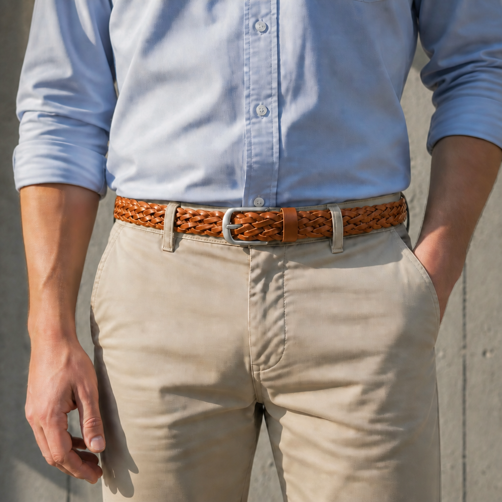 Des Finitions Exemplaires - Ceinture Fine Homme Tressée Main, Boucle Argent Brossé