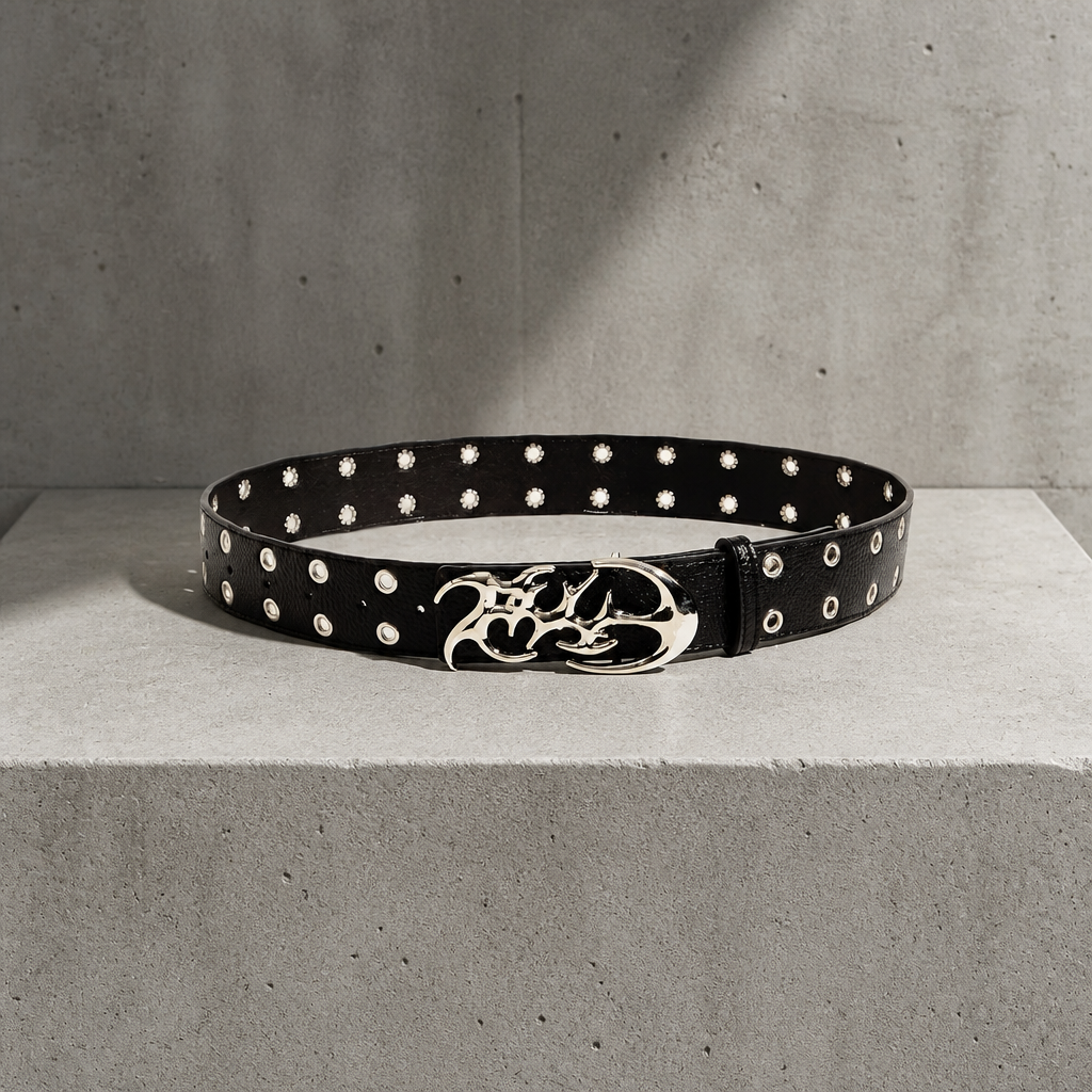 Ceinture noire à œillets fermée en boucle, vue de face sur béton