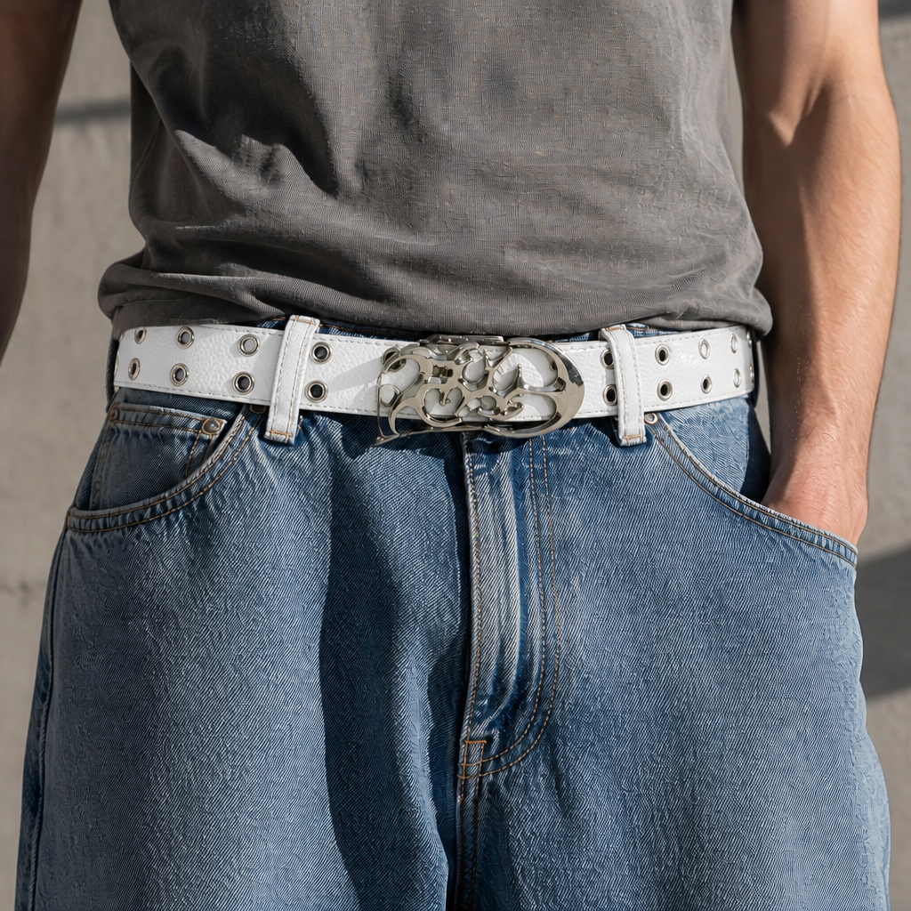 Homme portant la ceinture gothique blanche à œillets sur un jean large