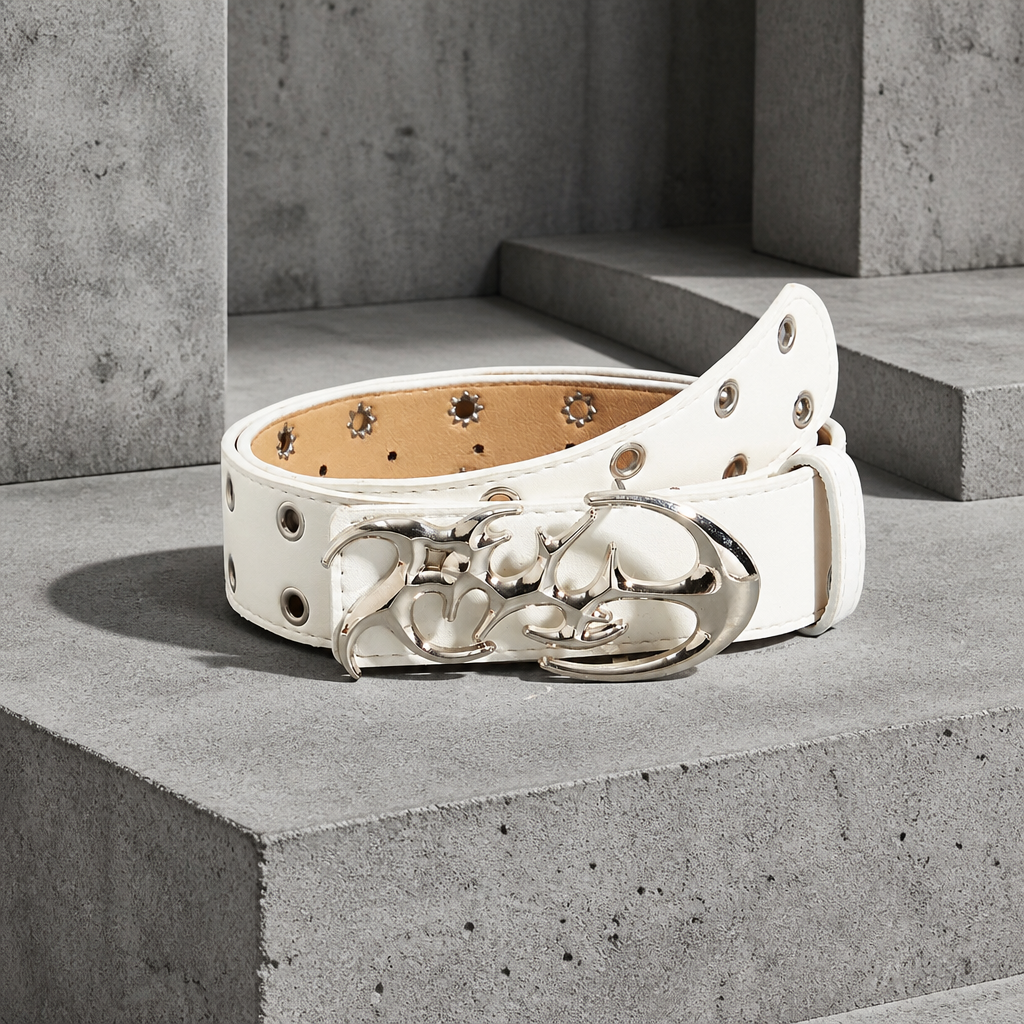 Ceinture gothique homme blanche à double rangée d'œillets, boucle chromée, sur béton