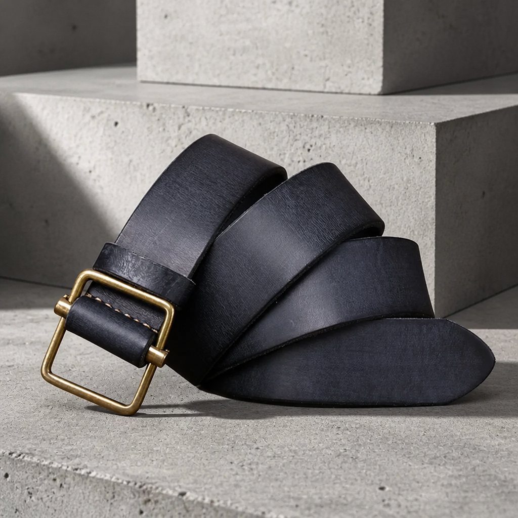 Ceinture homme classe en cuir de vachette noir patiné, boucle cadre dorée vieillie