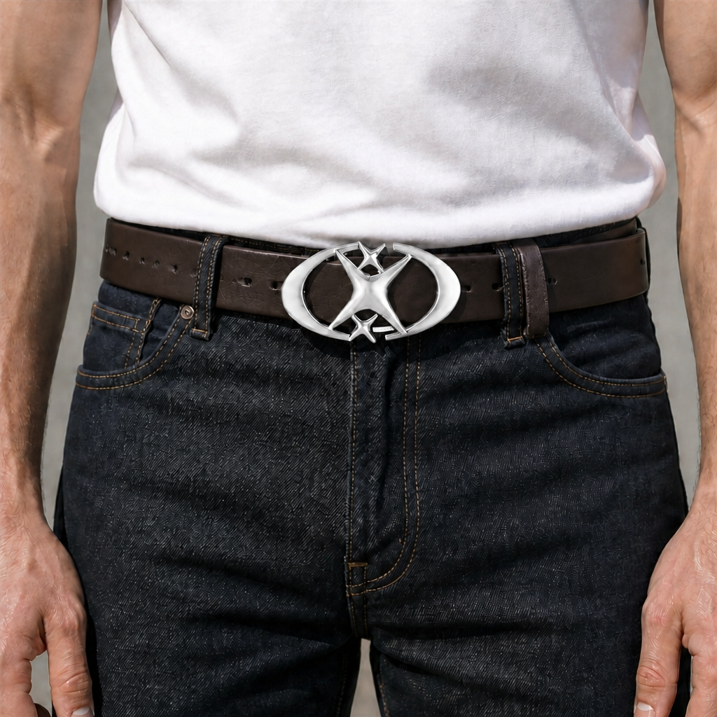 Homme portant la ceinture marron foncé à boucle étoile argentée