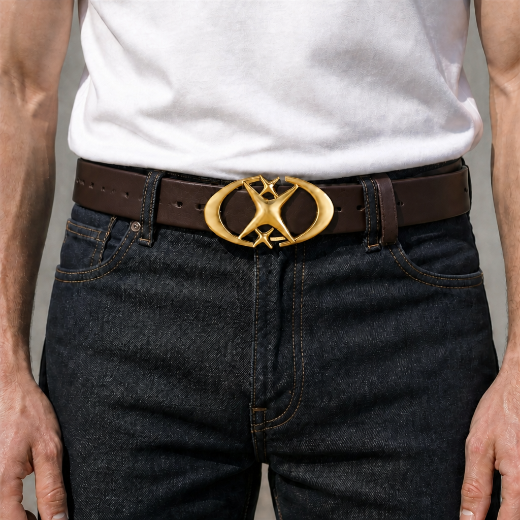 Homme portant la ceinture marron foncé à boucle étoile dorée