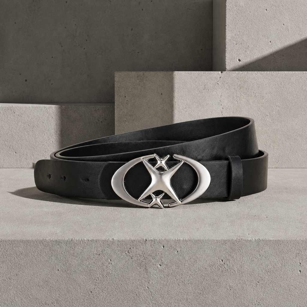 Ceinture homme originale noire, boucle ovale étoile argentée, sur béton