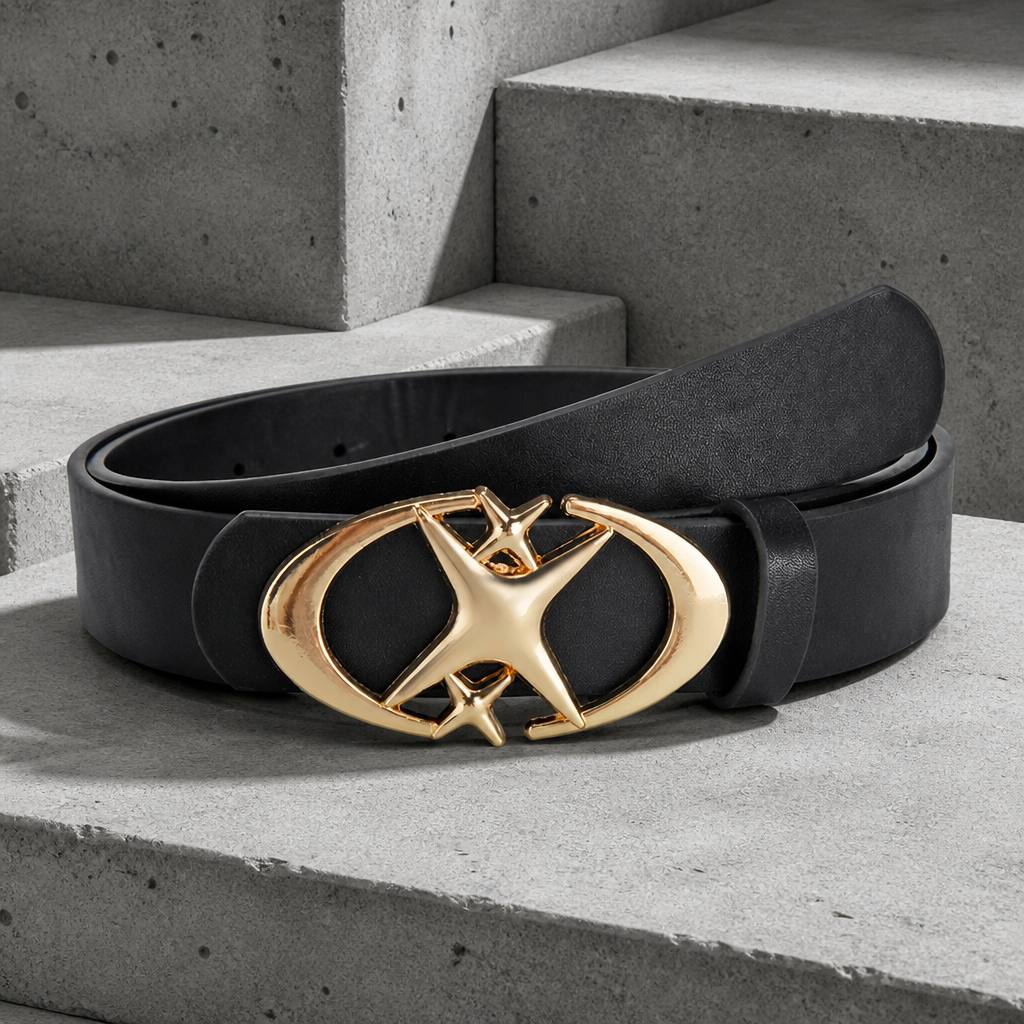 Ceinture homme originale noire, boucle ovale étoile dorée, sur béton