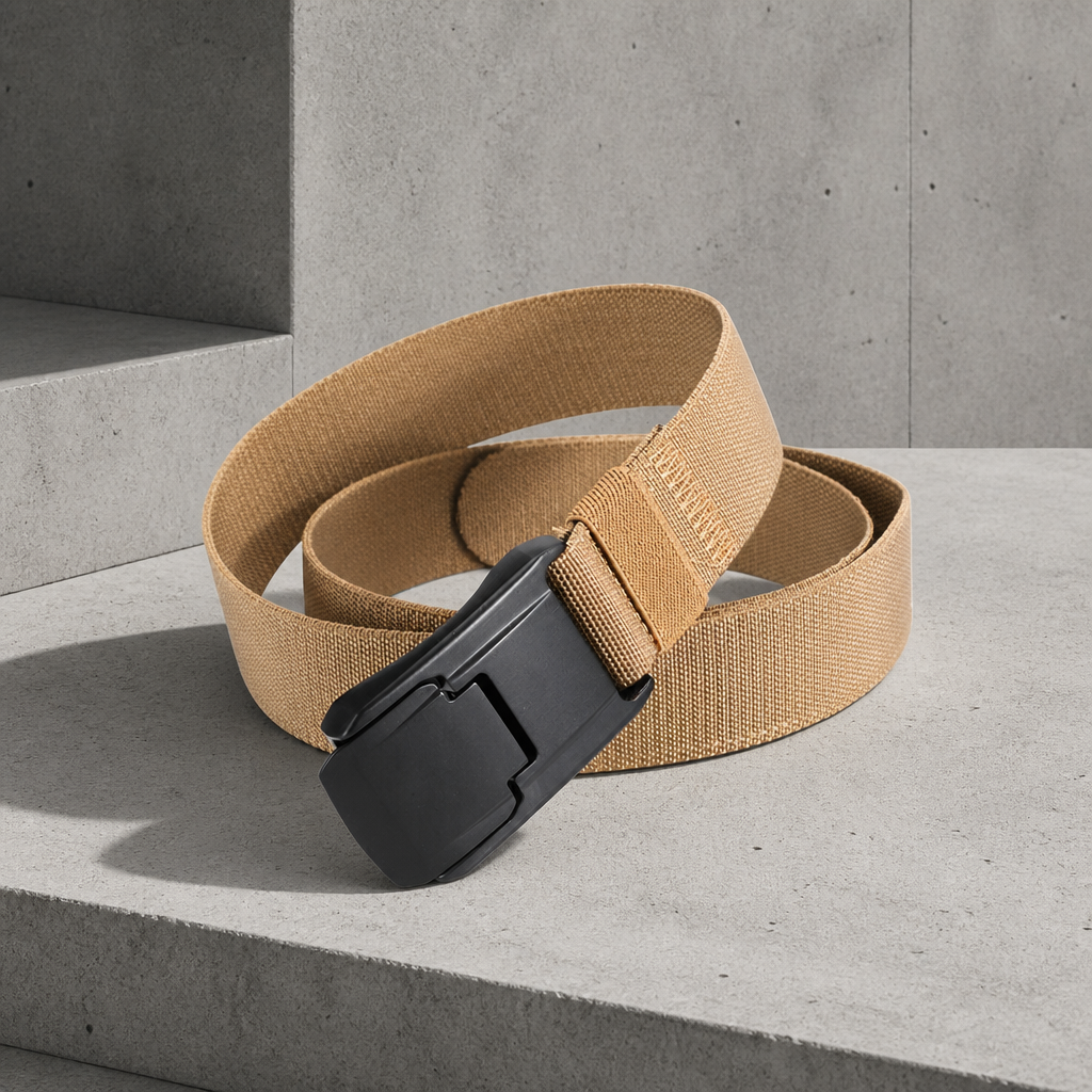 Ceinture homme en sangle élastique camel à boucle automatique à pince, posée sur un bloc de béton