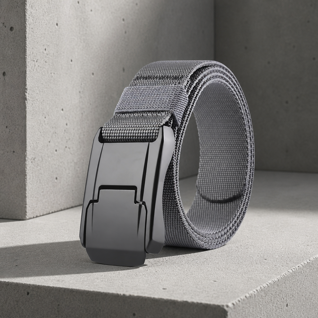 Ceinture homme en sangle élastique grise à boucle automatique à pince, posée sur un bloc de béton