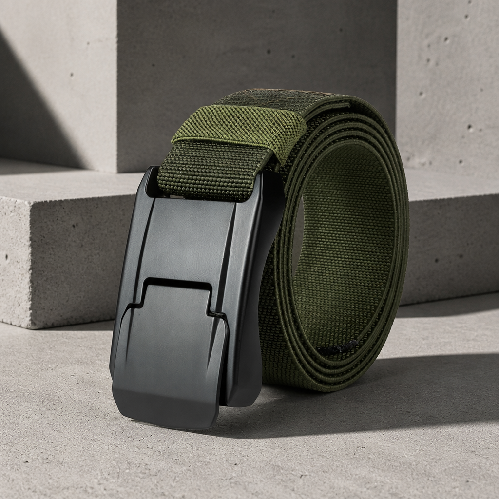 Ceinture homme en sangle élastique kaki à boucle automatique à pince, posée sur un bloc de béton