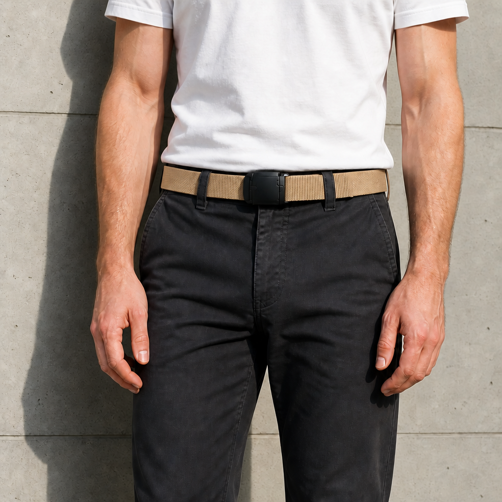 Ceinture en sangle élastique camel à boucle à pince portée à la taille sur un chino gris anthracite