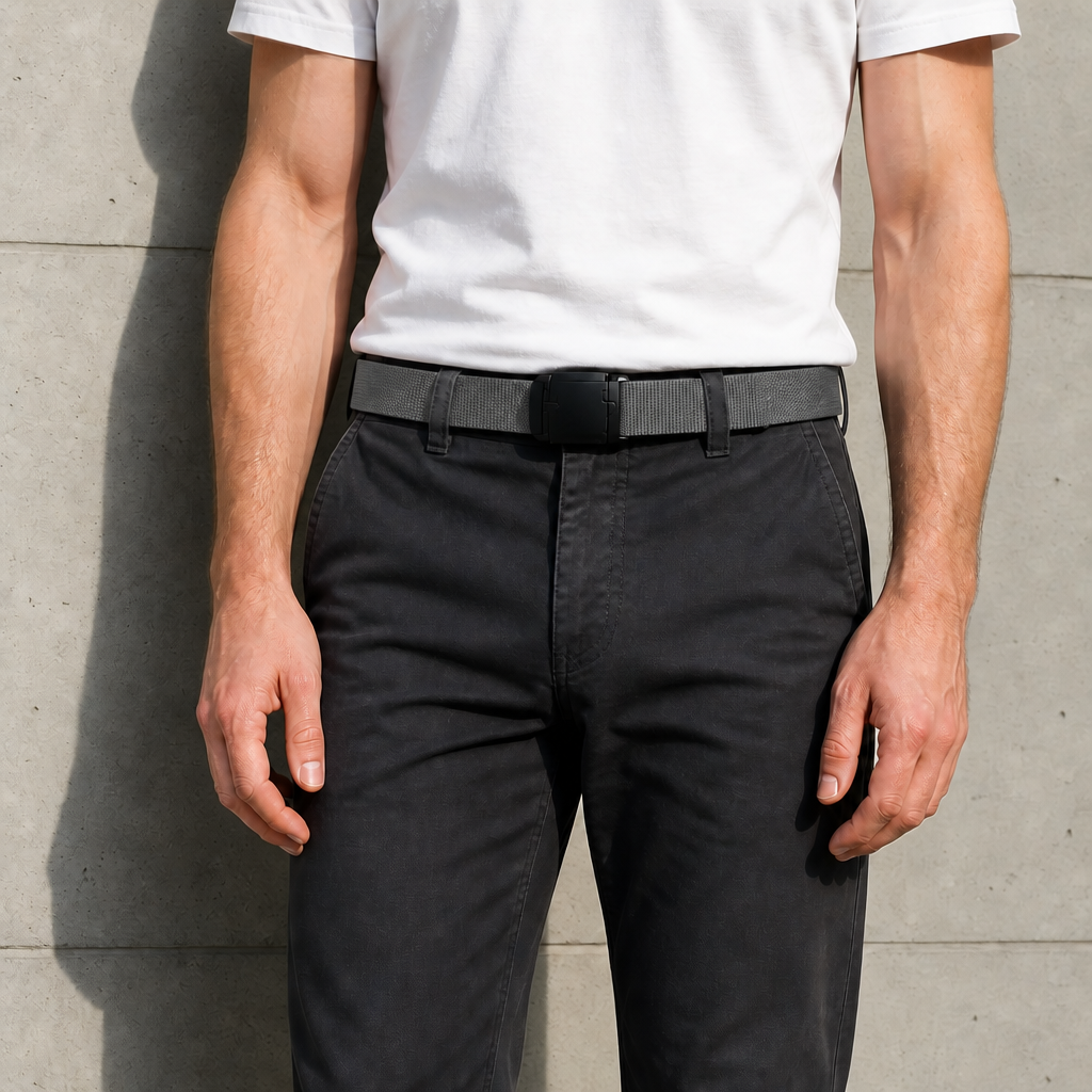 Ceinture en sangle élastique grise à boucle à pince portée à la taille sur un chino gris anthracite