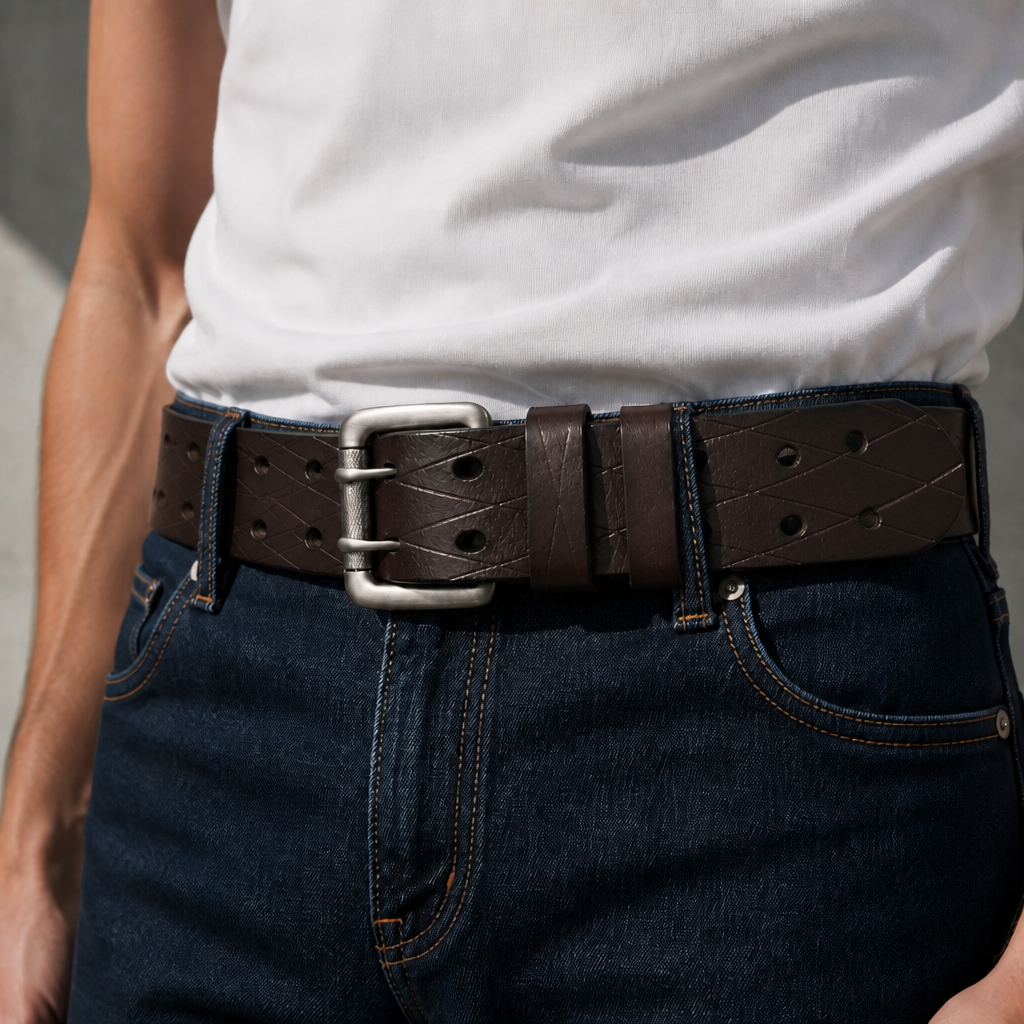 Homme portant la ceinture en croûte de cuir marron gravée à double ardillon sur un jean brut