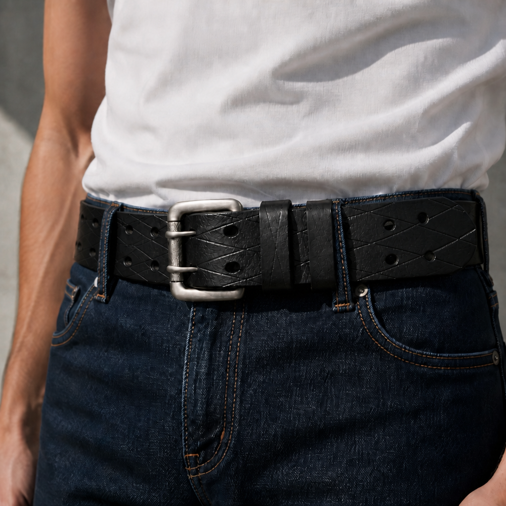 Homme portant la ceinture en croûte de cuir noire gravée à double ardillon sur un jean brut