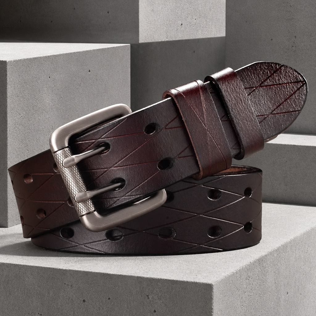 Ceinture homme tendance en croûte de cuir marron chocolat gravée en losanges, boucle à double ardillon, sur béton