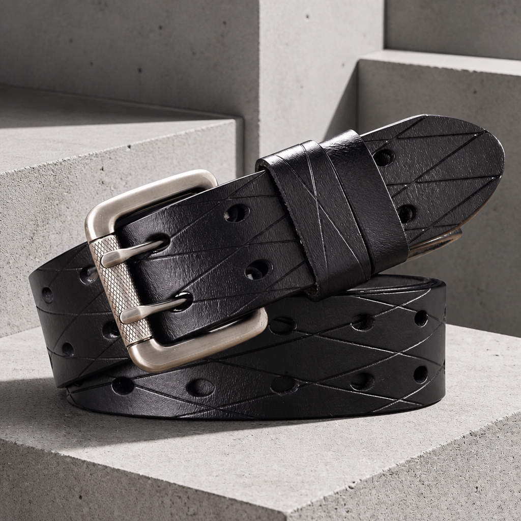 Ceinture homme tendance en croûte de cuir noire gravée en losanges, double rangée de trous, boucle argent mat, sur béton