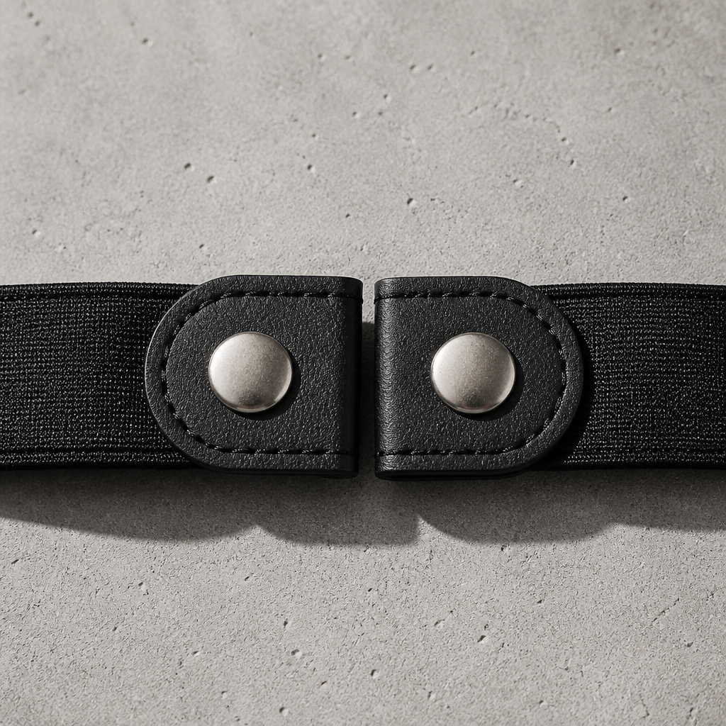 Détail des deux passants façon cuir et de la fermeture à pression métallique de la ceinture élastique