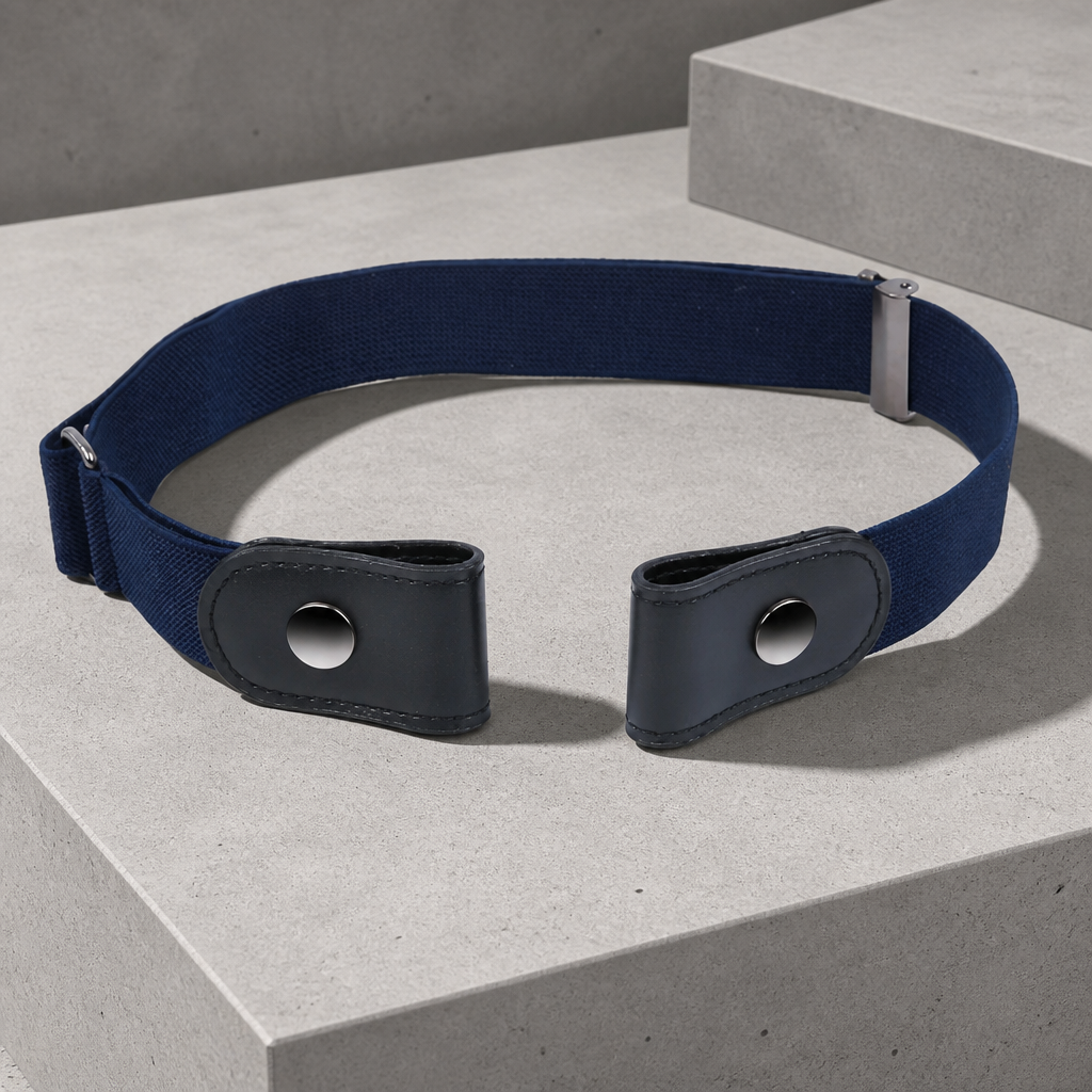 Ceinture invisible homme élastique sans boucle, coloris bleu marine, posée sur un bloc de béton