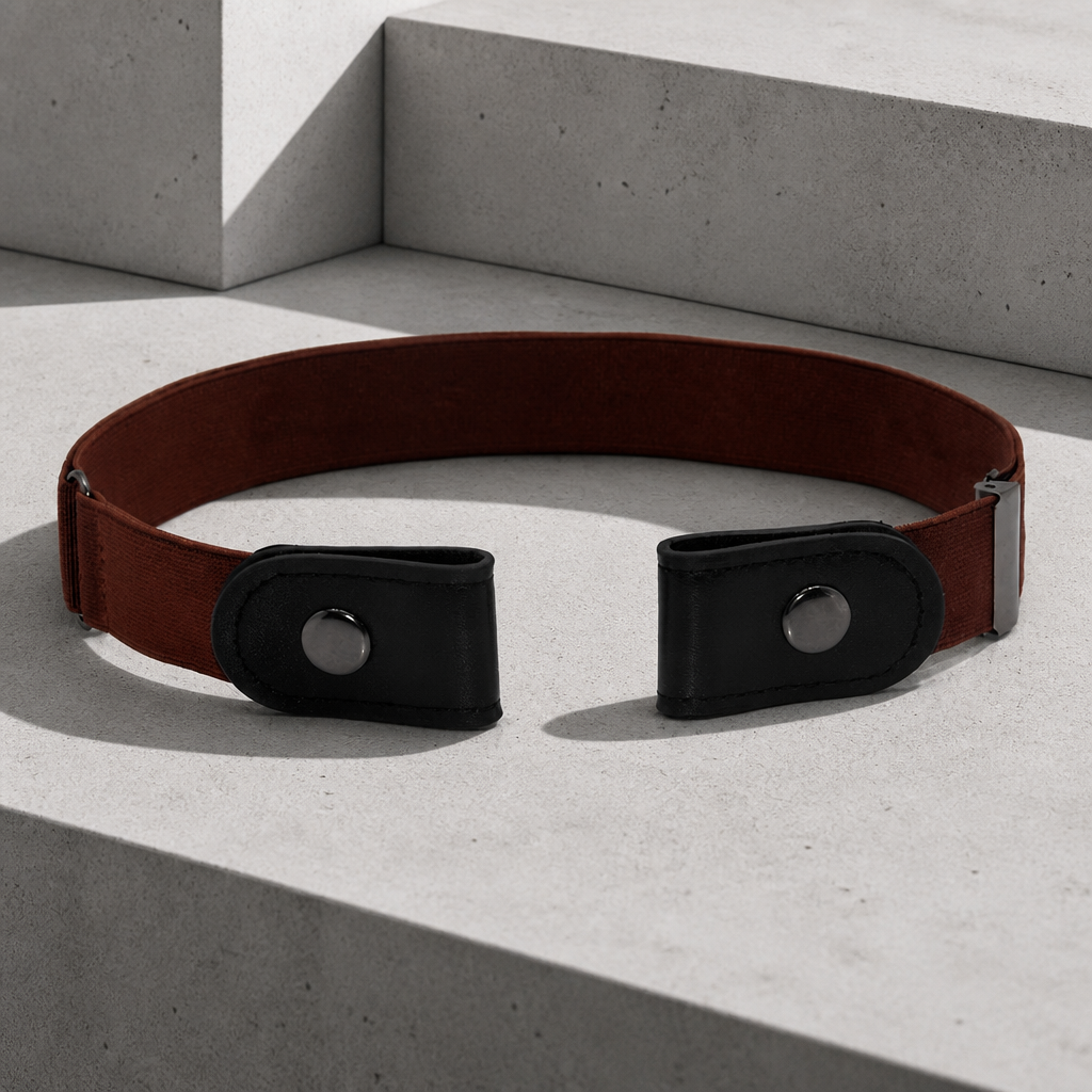 Ceinture invisible homme élastique sans boucle, coloris marron, posée sur un bloc de béton